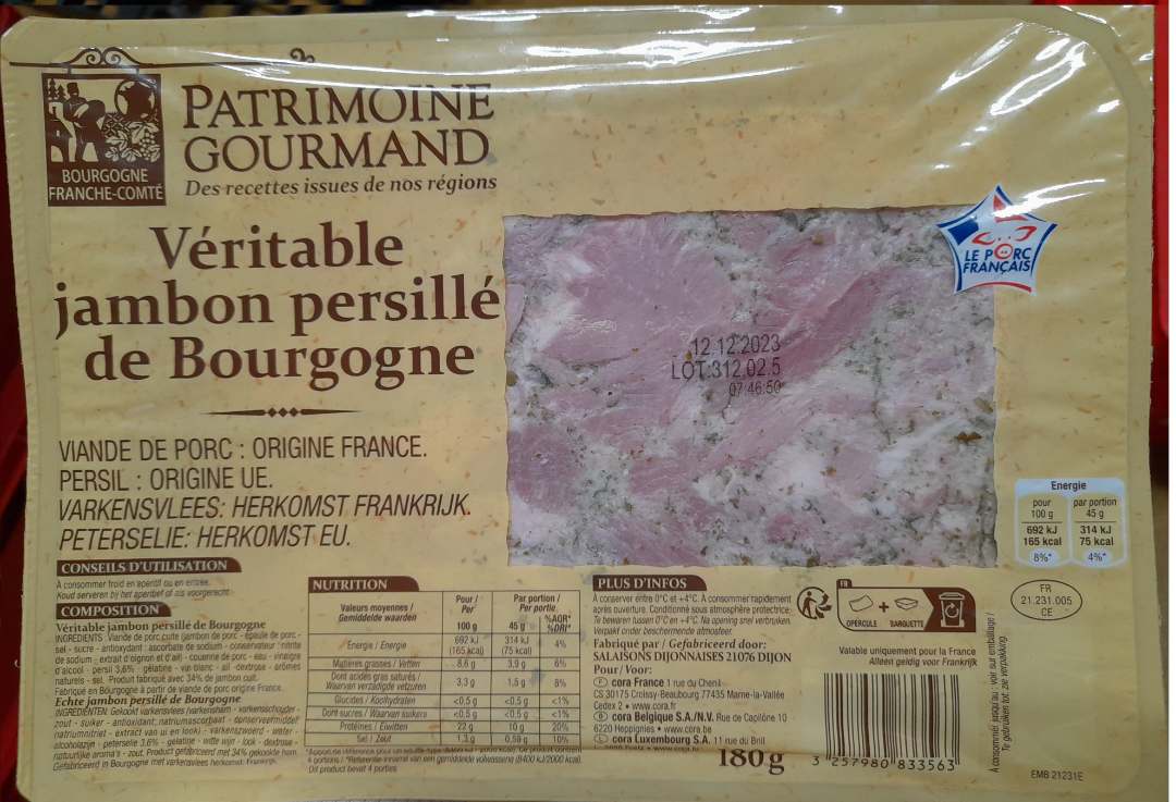 Véritable jambon persillé de bourgogne Patrimoine Gourmand : photo du produit rappelé le 15/11/2023