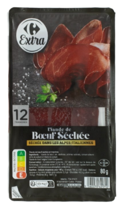 Viande de boeuf sechee dans les alpes italiennes Carrefour Extra : photo du produit rappelé le 21/09/2026