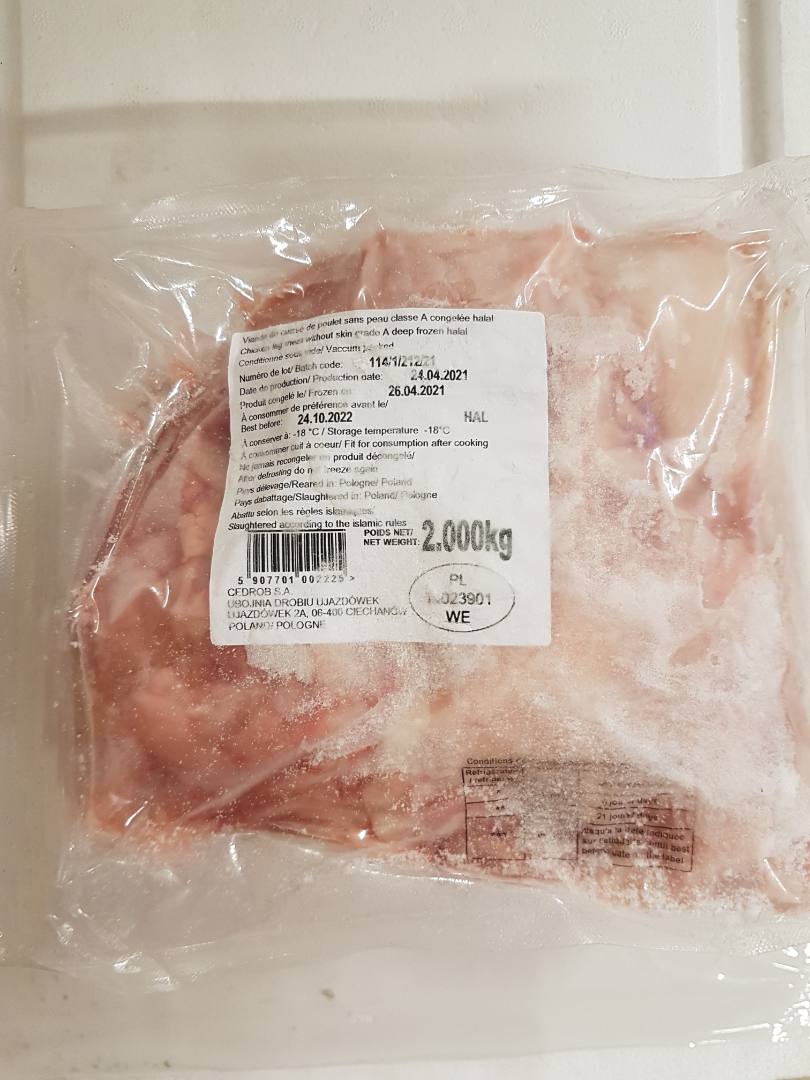 Viande de cuisses de poulet désossées Sans Marque _ sous Vide _ 2kg : photo du produit rappelé le 27/08/2021