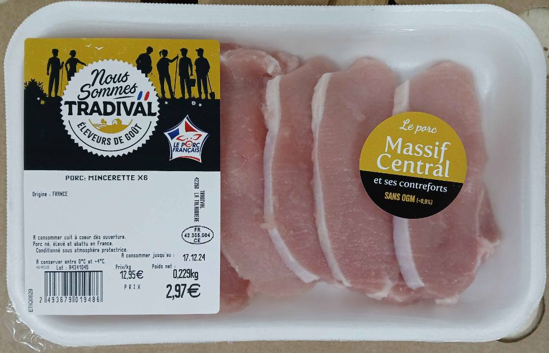 Viande fraiche piécée en barquette uvci sous atmosphère Tradival : photo du produit rappelé le 11/12/2024