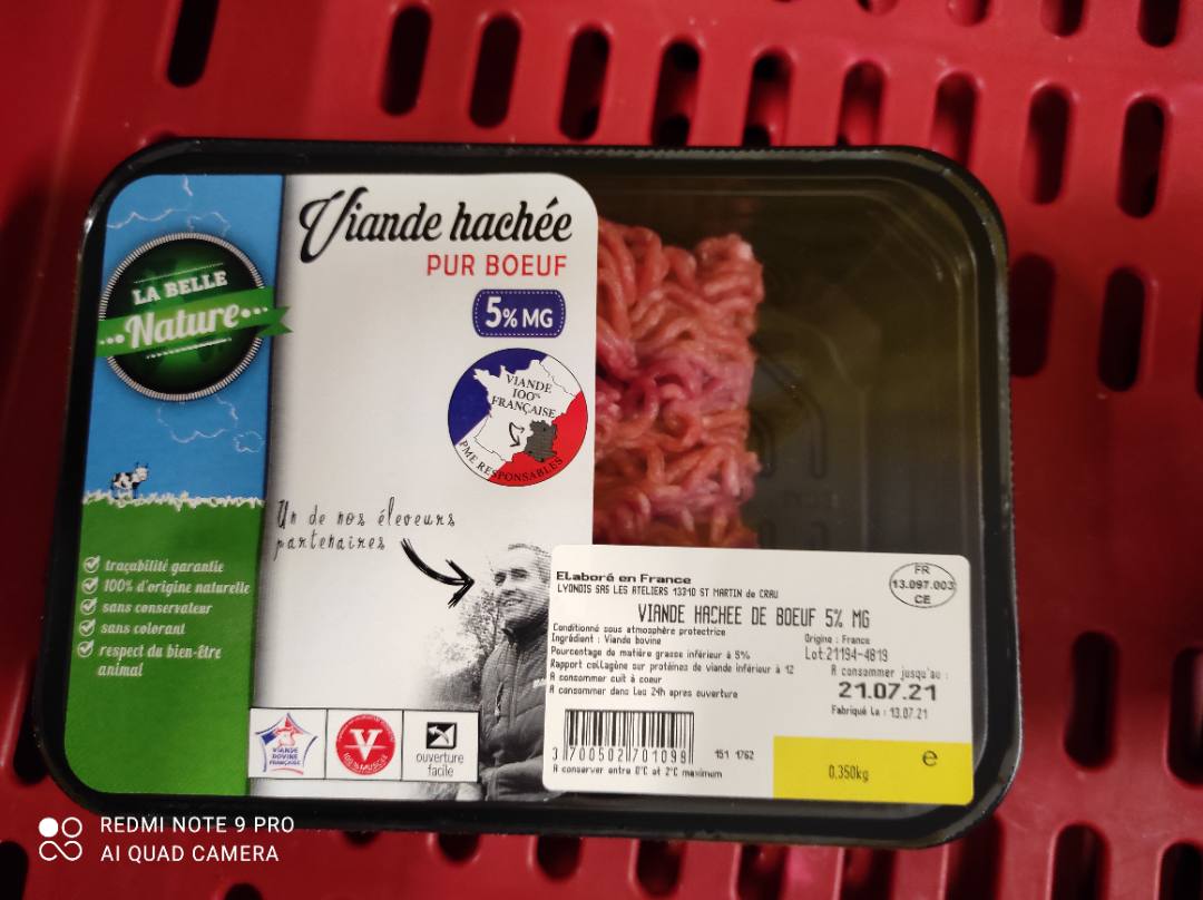 Viande hachée 5% 350g La Belle Nature : photo du produit rappelé le 13/07/2021