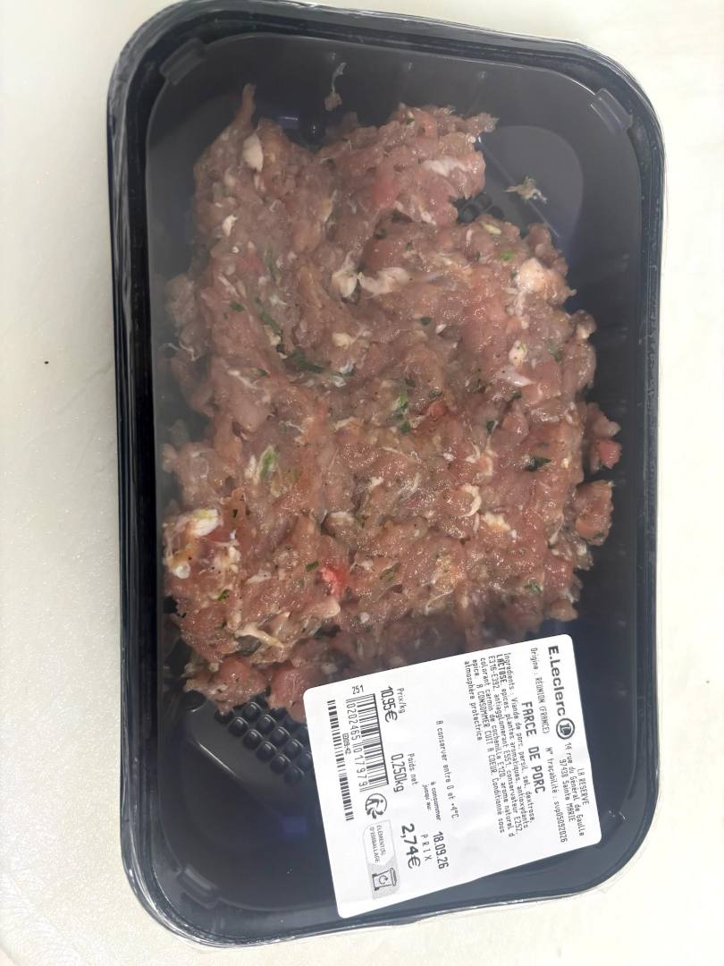 Viande hachée de porc pré-emballé E.Leclerc la Réserve : photo 3 sur 3 du produit rappelé le 09/09/2026