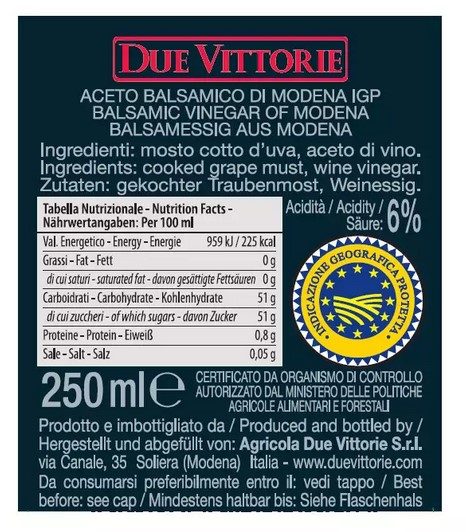 Vinaigre balsamique de modène IGP Due Vittorie : photo 2 sur 2 du produit rappelé le 25/10/2023