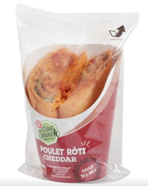 Wrap poulet rôti cheddar 190g - côté snack : photo du produit rappelé le 22/06/2023