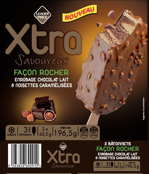 Xtra façon rocher chocolat noisette x3 bâtonnets leader price 196.5g : photo du produit rappelé le 03/02/2022