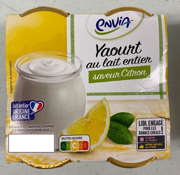Yaourt au lait entier saveur citron Envia : photo du produit rappelé le 22/02/2023