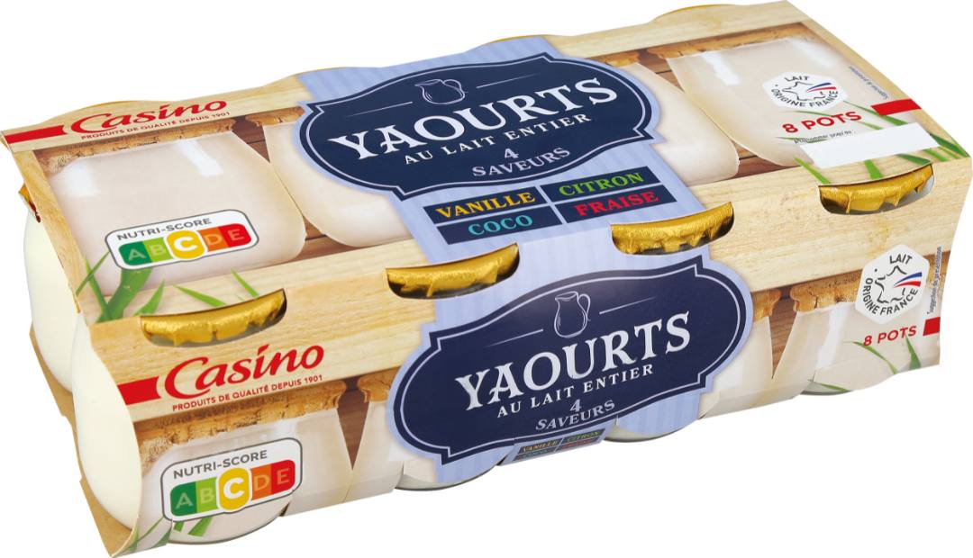 Yaourts au lait entier 4 saveurs vanille - citron - coco - fraise 8 x125g : photo du produit rappelé le 23/02/2023