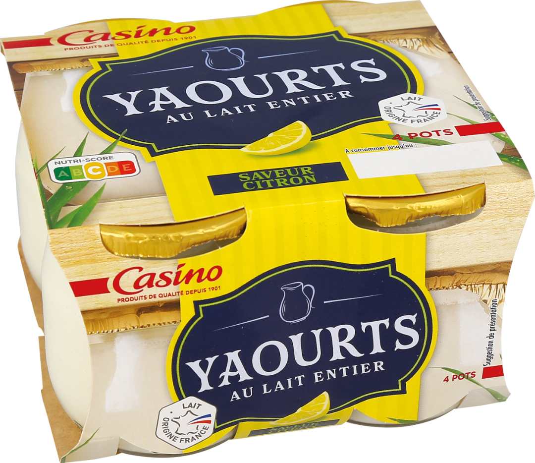 Yaourts au lait entier saveur citron 4x125g Casino : photo du produit rappelé le 23/02/2023